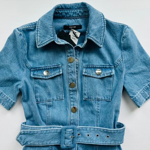 Toccin Lydia Denim Minidress Light Wash Size 2 NEW Short Sleeve Belted - Picture 4 of 10